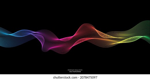 Vector abstract wave lines flowing dynamic in colorful spectrum colors isolated on black background for concept of modern, technology, digital, communication, science, music.