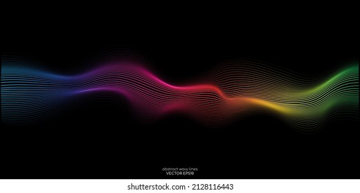 Vector Abstract Wave Lines Flowing Dynamic In Colorful Spectrum Colors Isolated On Black Background For Concept Of Modern, Technology, Digital, Communication, Science, Music.