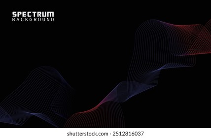 Linhas de onda abstratas vetoriais fluindo dinâmicas em cores coloridas do espectro isoladas no fundo preto para o conceito de moderno. Onda sonora rítmica abstrata. Fundo do espectro.