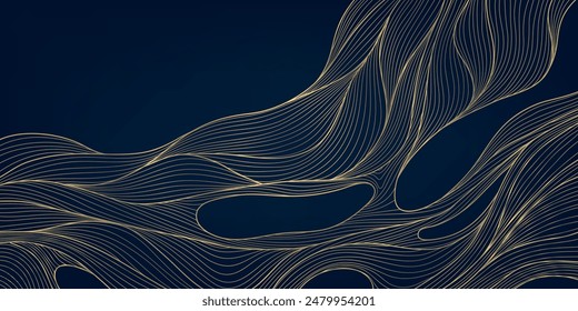 Vector abstract wave organic pattern, gold on blue fluid art shape. Dynamic flow banner, line water illustration. 