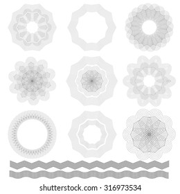  Vector Abstract Wave Rosettes on White Background. Guilloche Elements