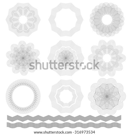  Vector Abstract Wave Rosettes on White Background. Guilloche Elements