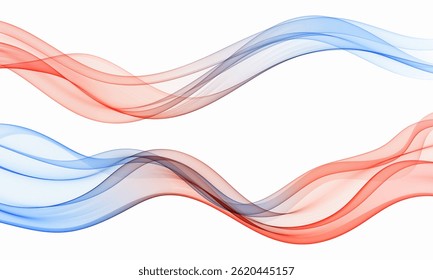 Vector abstract waves in red, blue, and dark gray tones on white background, flowing layered lines create modern dynamic movement.