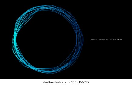 Vector abstract wavy circles lines round frame blue color isolated on black background. Technology modern concept