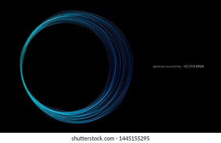 Vector abstract wavy circles lines round frame blue color isolated on black background. Technology modern concept