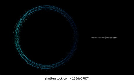 Vector abstract wavy circles lines round frame blue color with dot particles flowing isolated on black background. in concept technology, science, modern.