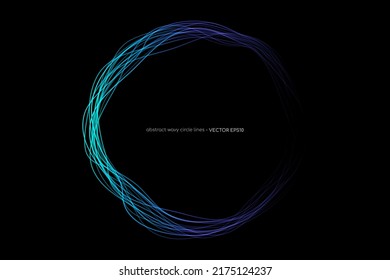 Vector abstract wavy circles lines round frame blue color isolated on black background. Technology modern concept