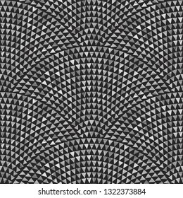 Vector abstract wavy dark seamless geometrical pattern from grey triangles with brush stroke texture on a black background. Floor tile, wallpaper, wrapping paper, page fill in ceramic terrazzo mosaic 