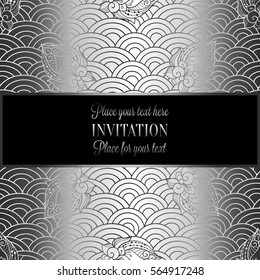 Vector abstract wavy invitation card with geometrical fish scale layout. Silver grey tracery on a dark black background. Fan shaped stylized ocean waves. Fish scales with decorative flowers.