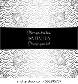 Vector abstract wavy invitation card with geometrical fish scale layout. Silver grey tracery on a white background. Fan shaped stylized ocean waves. Fish scales with decorative flowers.