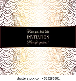 Vector abstract wavy invitation card with geometrical fish scale layout. Rich gold tracery on a dark black background. Fan shaped stylized ocean waves. Fish scales with decorative flowers.