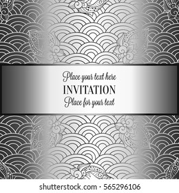 Vector abstract wavy invitation card with geometrical fish scale layout. Silver grey tracery on a gray background. Fan shaped stylized ocean waves. Fish scales with decorative flowers.