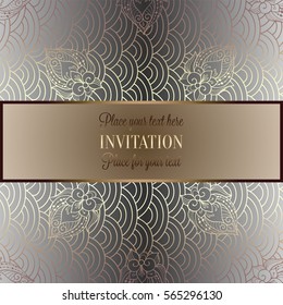 Vector abstract wavy invitation card with geometrical fish scale layout. Silver grey tracery on a gray background. Fan shaped stylized ocean waves. Fish scales with decorative flowers.