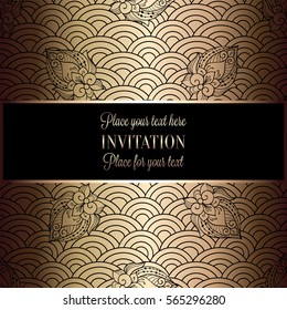 Vector abstract wavy invitation card with geometrical fish scale layout. Rich gold and beige tracery background. Fan shaped stylized ocean waves. Fish scales with decorative flowers.