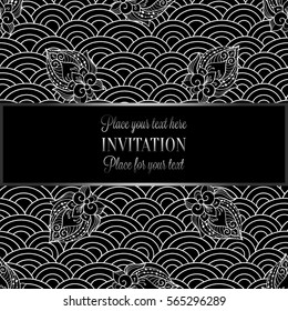 Vector abstract wavy invitation card with geometrical fish scale layout. White tracery on a black background. Fan shaped stylized ocean waves. Fish scales with decorative flowers.