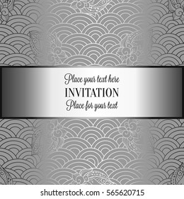Vector abstract wavy invitation card with geometrical fish scale layout. Silver grey tracery on a gray background. Fan shaped stylized ocean waves. Fish scales with decorative flowers.