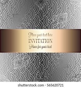 Vector abstract wavy invitation card with geometrical fish scale layout. Silver grey tracery on a gray background. Fan shaped stylized ocean waves. Fish scales with decorative flowers.