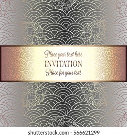 Vector abstract wavy invitation card with geometrical fish scale layout. Silver grey tracery on a gray background. Fan shaped stylized ocean waves. Fish scales with decorative flowers.