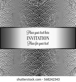 Vector abstract wavy invitation card with geometrical fish scale layout. Silver grey tracery on a gray background. Fan shaped stylized ocean waves. Fish scales with decorative flowers.