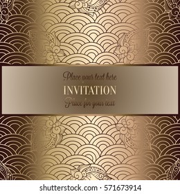 Vector abstract wavy invitation card with geometrical fish scale layout. Rich gold and beige tracery background. Fan shaped stylized ocean waves. Fish scales with decorative flowers.