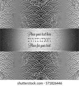 Vector abstract wavy invitation card with geometrical fish scale layout. Silver grey tracery on a gray background. Fan shaped stylized ocean waves. Fish scales with decorative flowers.