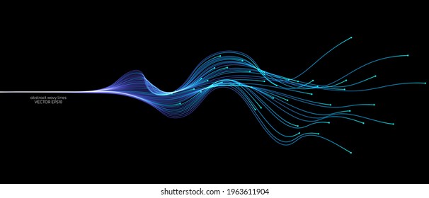 Vector abstract wavy light lines neural network purple blue and green isolated on black background in concept of technology, machine learning, A.I., 5G
