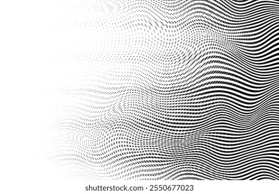 Textura abstracta de líneas onduladas de Vector con puntos semitonos. Fondo artístico óptico dinámico y moderno. Diseño de transición de desvanecimiento suave.