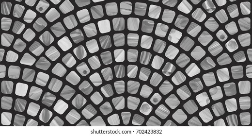 Vector abstract wavy seamless geometrical pattern with grey brush stroke texture on a dark black  background. Floor tile, wallpaper, wrapping paper, page fill in Mediterranean ceramic mosaic style