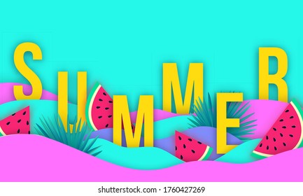 Vector abstract wavy summer paper cut background with watermelons and palm leaves. Realistic 3d paper decoration. Carving art.