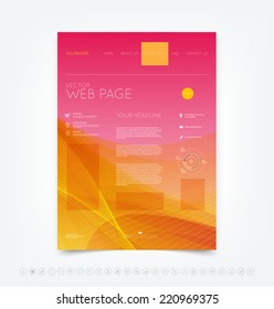 Vector abstract website design template with smooth dynamic wave background and a set of icons