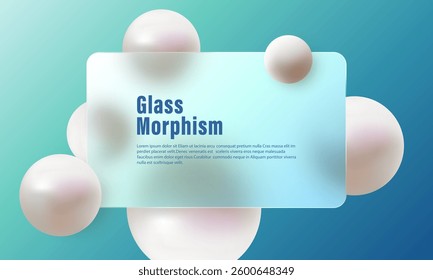 Vector abstract website landing page template in glass morphism style. Frosted glass partition with floating pearl-colored spheres