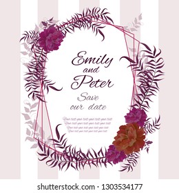 Vector abstract wedding frame. Peonies are Burgundy, plants are Burgundy. Template for invitation. All elements are isolated.