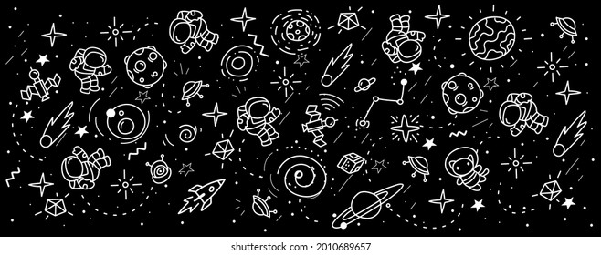 Vector abstract white and black kid space illustration, fun pattern with astronaut, star, planet and line