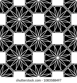Vector. Abstract white flowers on a black tiles. Seamless pattern vector illustration. Black and white.