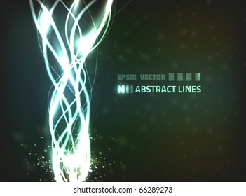Diseño de línea blanca abstracta vectorial con partículas borrosas y luces brillantes sobre fondo azul oscuro.