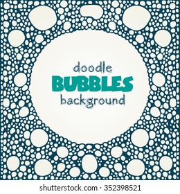 Vector abstract white square background with blue soap or water bubbles round frame