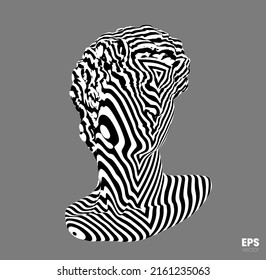 Vector abstract and white striped triangles pattern illustration from 3D rendering of classical head sculpture isolated on gray background.  