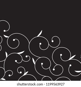 Vector abstract white swirl floral border on black background. Decorative vector border. Page decoration