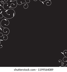 Vector abstract white swirl floral corner on black background. Decorative vector border. Page decoration