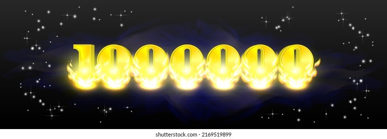 Vector abstract wide banner. 3d numbers golden one million in a bright fiery flame against the background of a galactic star nebula. 1000 000