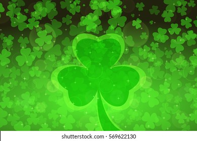 Vector abstract wide gradient green background for Happy St. Patrick's Day with leaves of clover pattern and silhouettes.