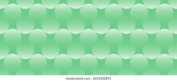 Vector abstract wide panoramic background with united circular geometry and green colour tones. Halftone graphical grainy texture creates smooth and fresh dimensional visual for tech-inspired designs
