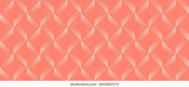 Vetor abstrato fundo panorâmico amplo com quadrados deslocados em tons de cor coral. Gradiente com padrão de meio-tom e textura granulada criam visuais dinâmicos arrojados com estrutura e ritmo de grade diagonal