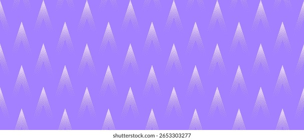 Vector abstract wide panoramic background with triangle spikes in violet colour. Halftone gradient adds grainy texture and energetic geometry to this sharp futuristic conceptual patterned abstraction