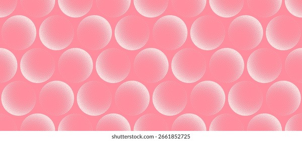 Vetor abstrato amplo fundo panorâmico com padrão de esfera pontilhada em tons rosa claro meio-tom. Textura granulada e fluxo geométrico suave criam um humor sonhador para visuais digitais e criativos da moda