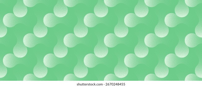 Vector abstract wide panoramic background with halftone metaball shapes in soft green colour. Abstraction with grainy texture and dynamic flow ideal for motion graphics, websites, posters and branding