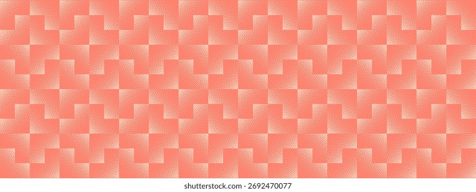 Vetor abstrato amplo fundo panorâmico com divisa de meio-tom e padrão de cruz em tons de coral. Textura granulada elegante e vibrante adequada para embalagens de luxo, cartazes vintage e layouts digitais