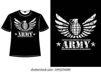 Vector abstract wings, grenade, stars and text army with grunge texture. Modern military backdrop for fashion design. T-shirt clothing with brutal emblem.