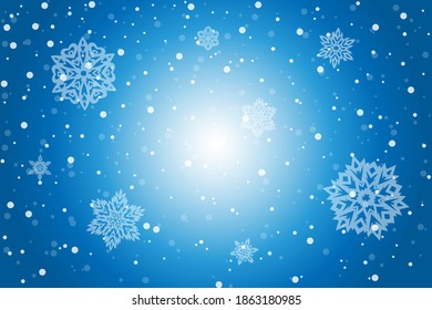 Vector abstract winter blue background with white glare in the center with falling snow and snowflakes.