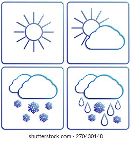 Vector abstract winter day weather flat image set with sun, clouds, snow, rain 